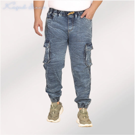 Kagad Jeans Men Regular and Plus Size Cargo Pocket Mid Blue Textured Indigo Denim Jogger - Style Code "KGDJGR-406013
